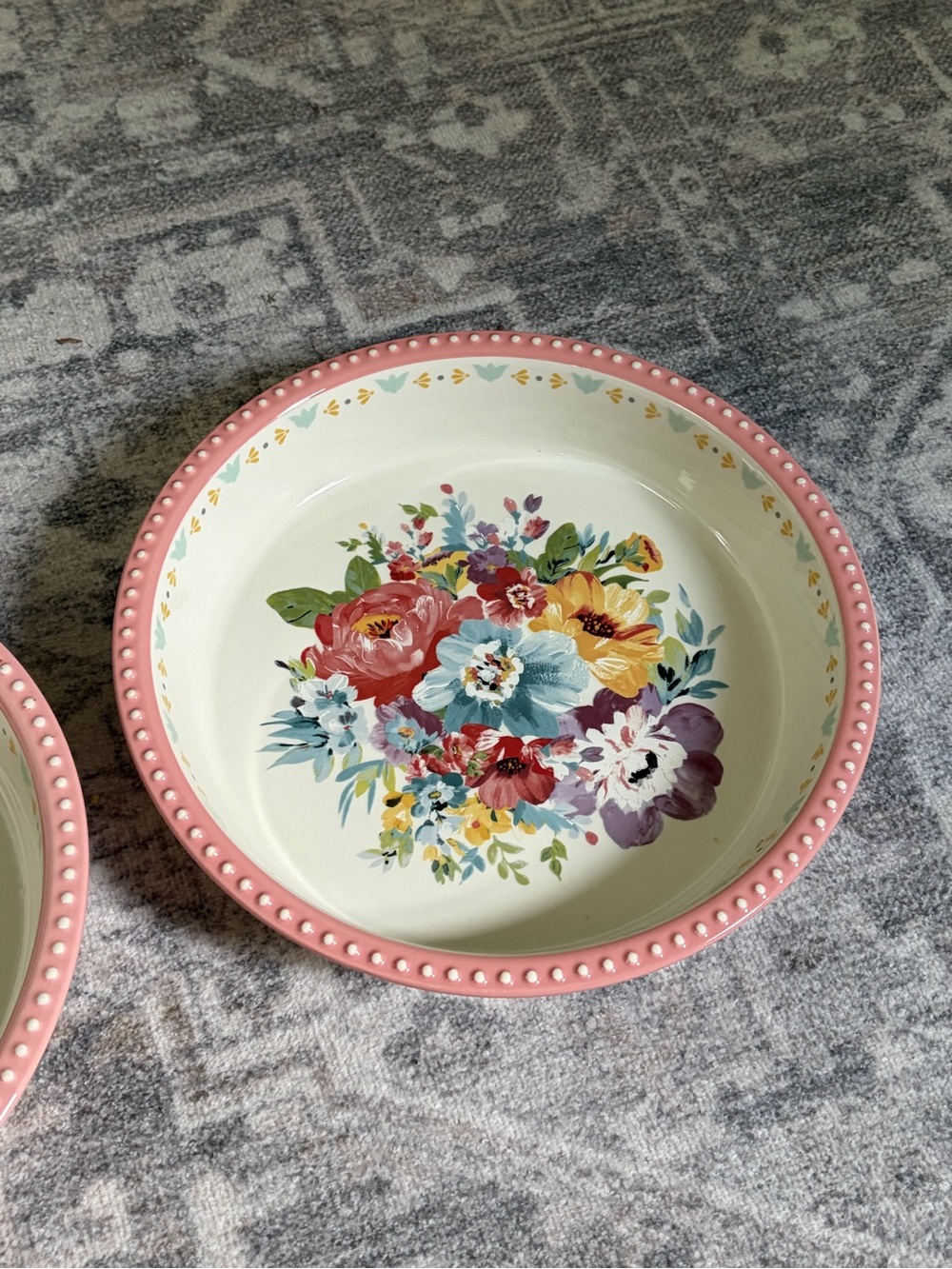 The Pioneer Woman Pink Beaded Floral Ceramic Pie Dish 10 1/2”